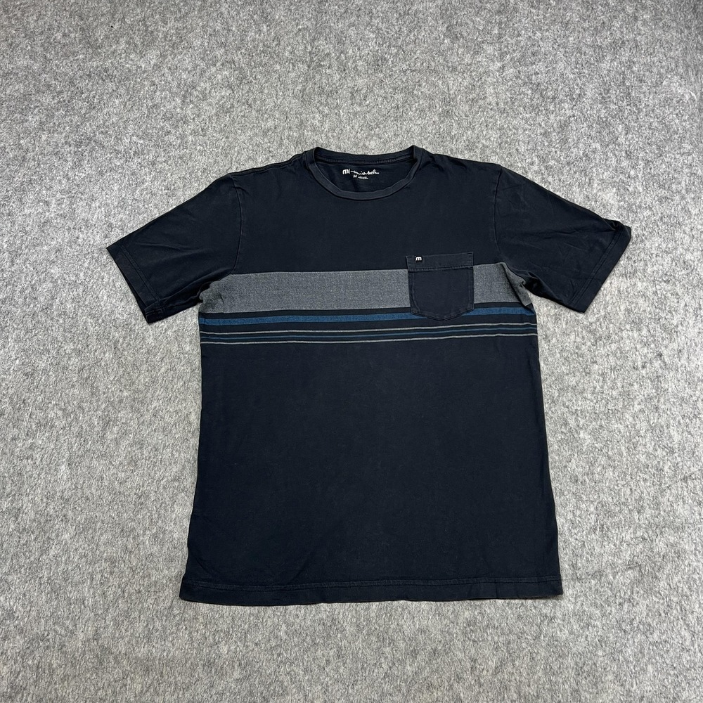 Travis Mathew Shirt Mens M Blue Stripe Pocket Crewneck Tee T Shirt Casual Preppy